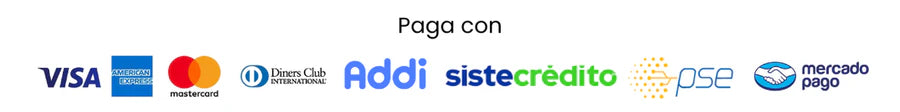 Paga con Visa, American Express, Mastercard, Diners Club, Addi, Sistecrédito, PSE y Mercado Pago